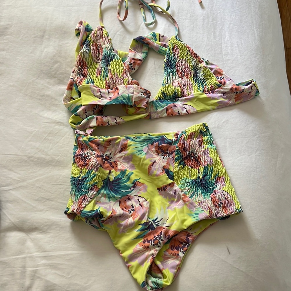 Tori Praver Swimwear Floral High-Waist Bikini in Lime, Pink, Green